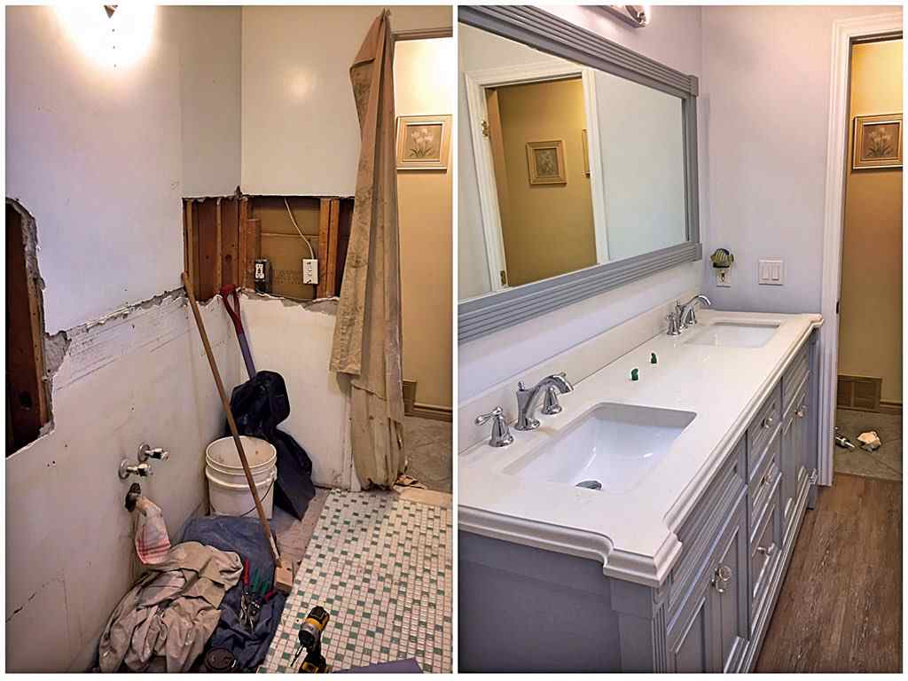Bathroom Renovation showing new sink, walls, countertop & mirror